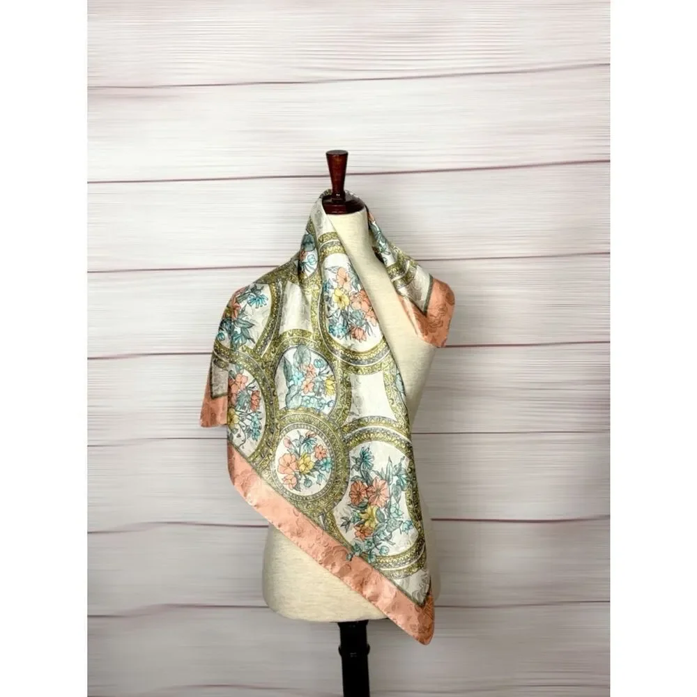 Silk Jacquard Square Scarf White Peach Floral Medallion Print Hand Rolled 29x29